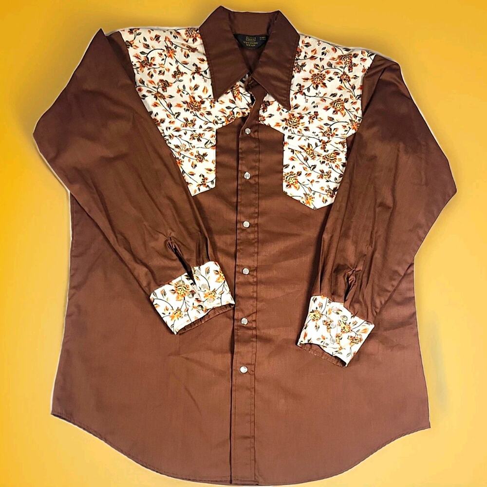 Vintage 70s Sears Western Wear Pearl Snap Shirt Floral Brown XL 25x33